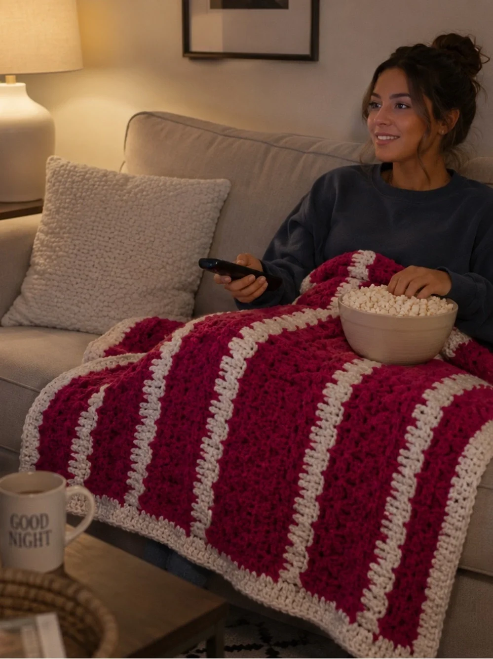Hot pink and cream striped home made granny crocheted Afghan throw blanket 44x36